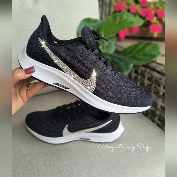 Women's Bling Nike Pegasus 36 Sneakers Black White Customized With Crystals - Picture 2 of 9
